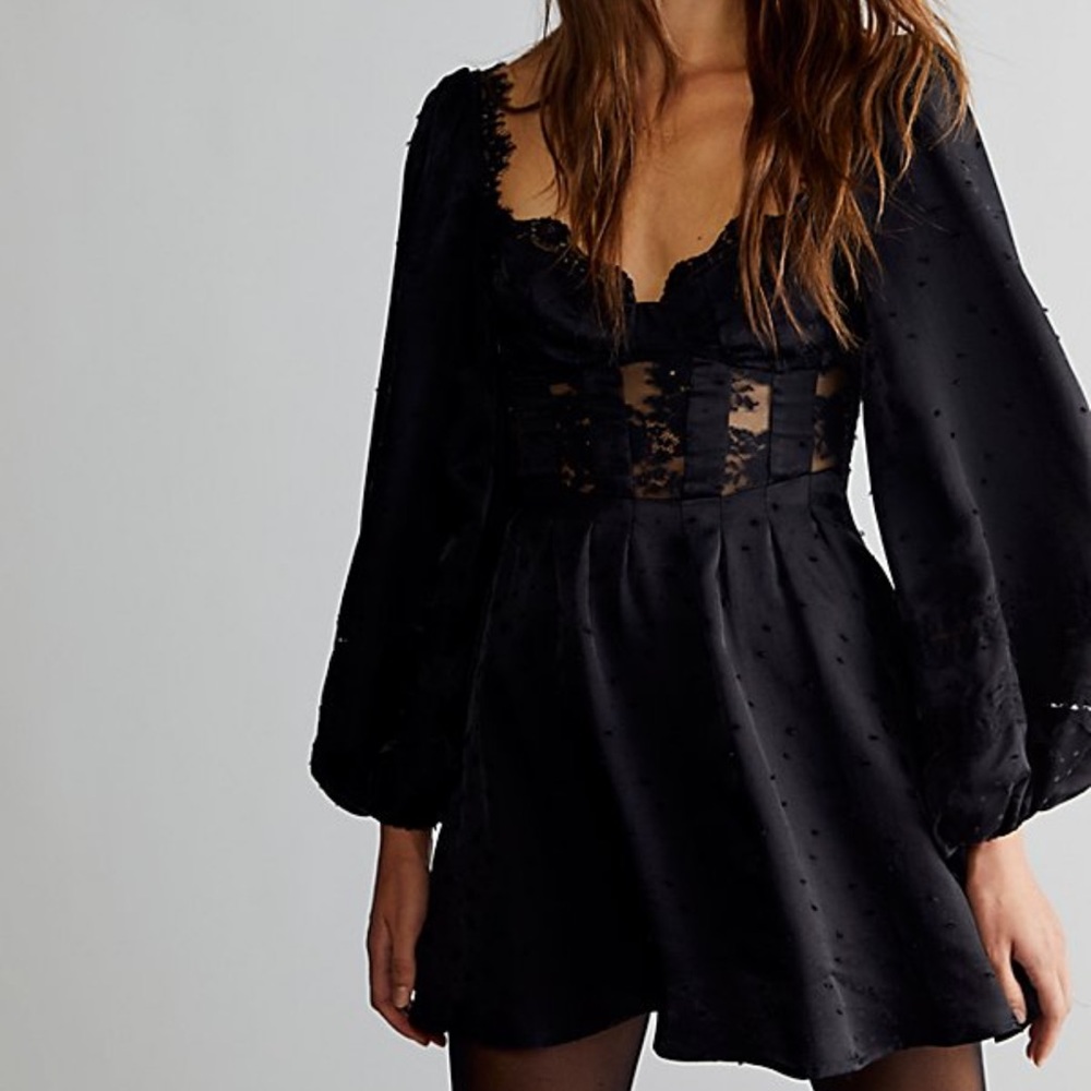 For Love & Lemons Natalie Long Sleeve Corset Black Mini Dress Medium M